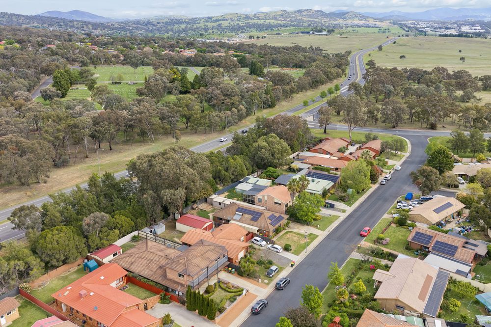 Aerial view of the street and the nature reserve beyond